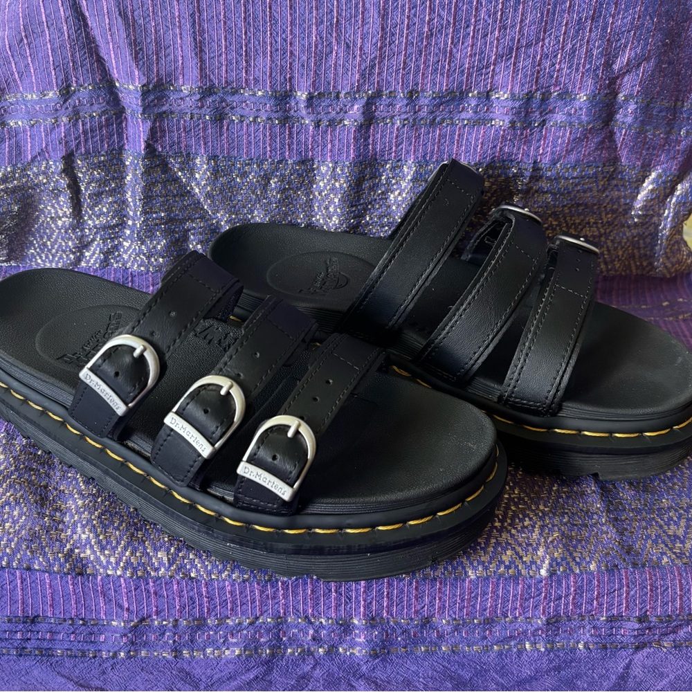 Dr. Martens Blaire Platform Slides Size 7 - Black Leather Triple-Buckle Sandals